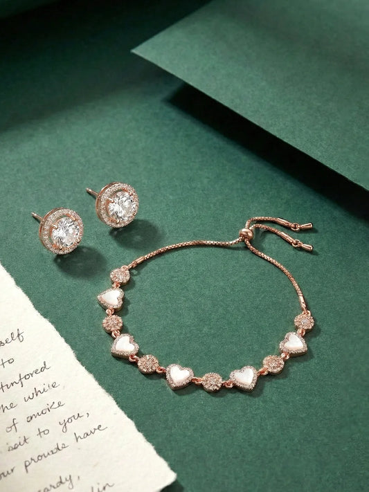 Rose Gold Love Heart Bracelet & Studs Combo