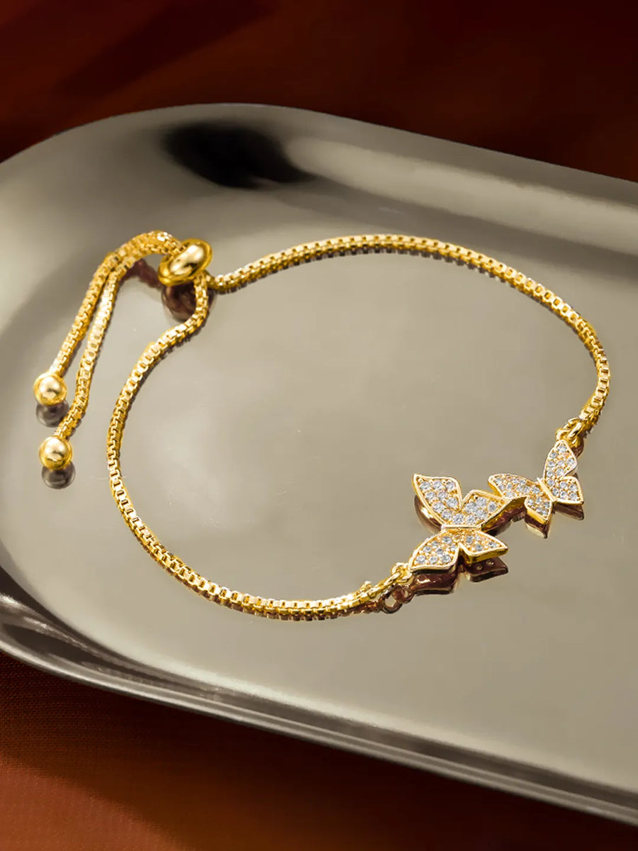 Elegant Adjustable Butterfly CZ Bracelet - Gold