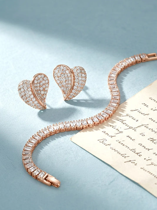 Rose Gold Tennis Bracelet &  Heart Stud Combo