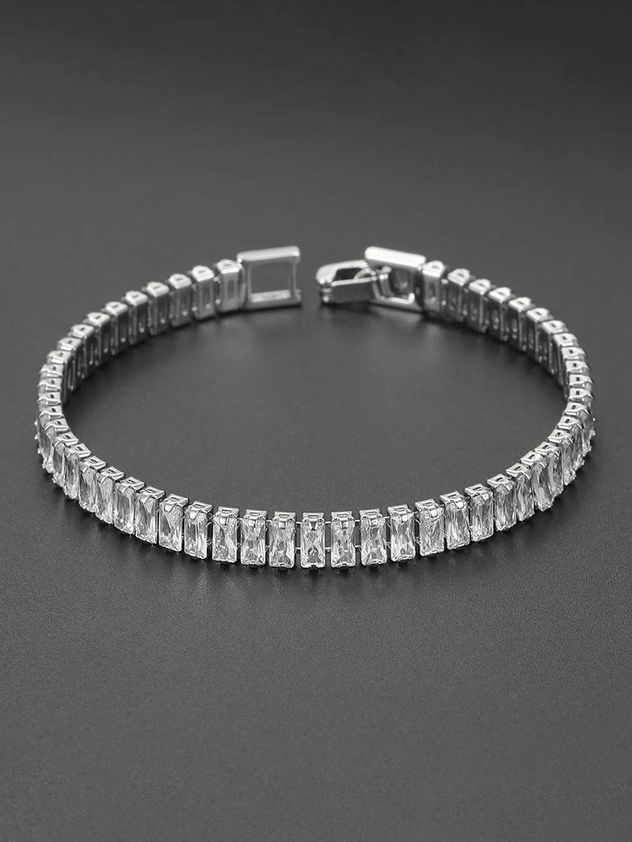 Baguette Tennis Style Clip On Silver Bracelet