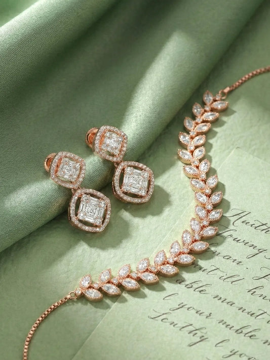 Rose Gold Leaf CZ Tennis Bracelet & Earring Set