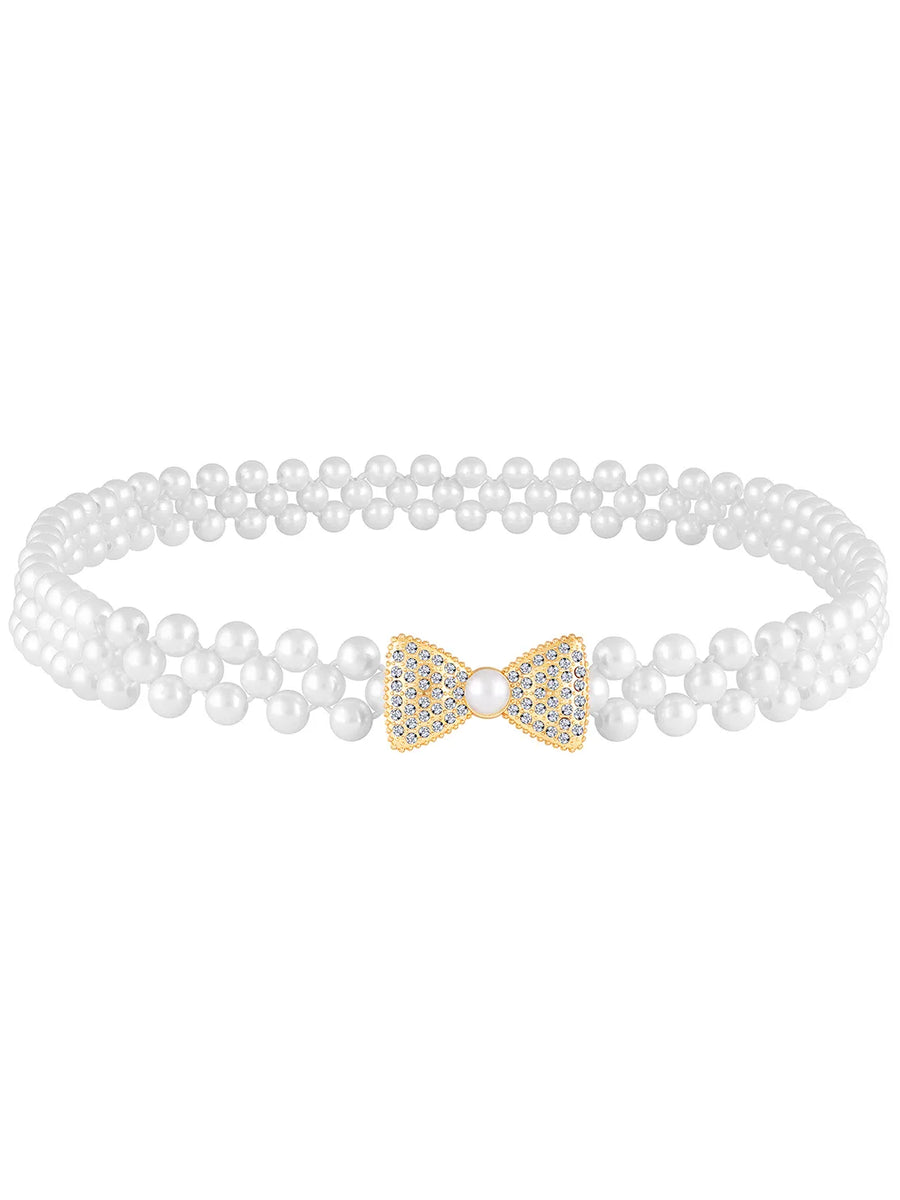Bow Charm Pearl CZ Waist Belly Belt - White