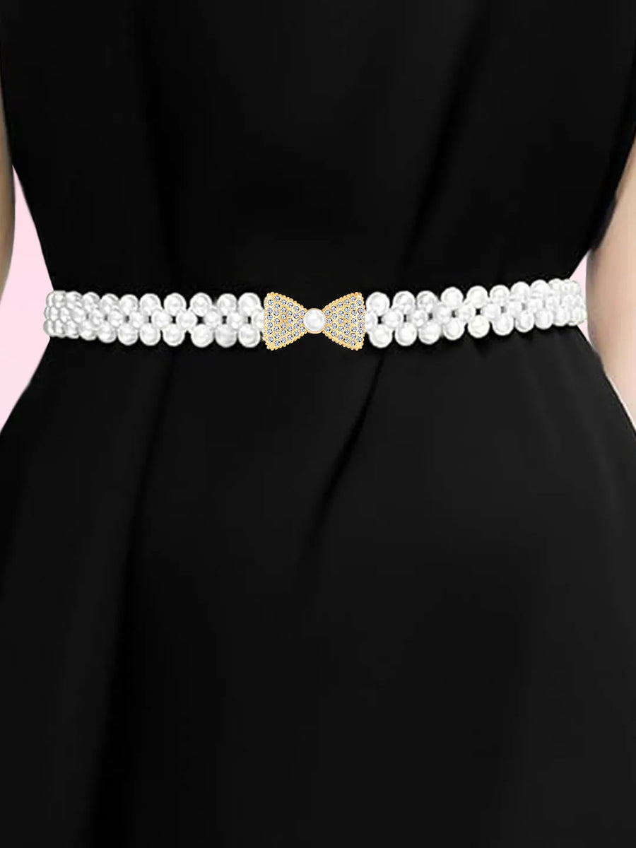 Bow Charm Pearl CZ Waist Belly Belt - White