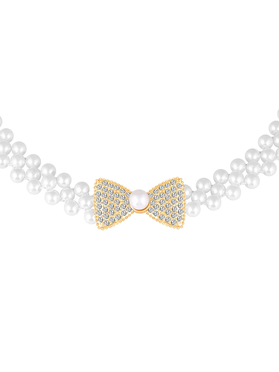 Bow Charm Pearl CZ Waist Belly Belt - White