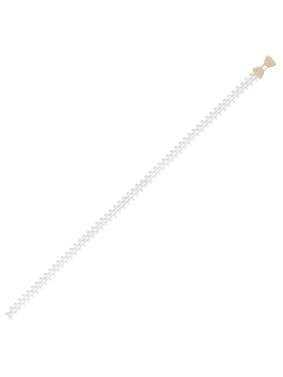 Bow Charm Pearl CZ Waist Belly Belt - White
