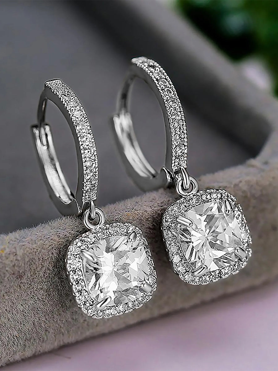 Silver Square CZ Halo Drop Hoop Earrings
