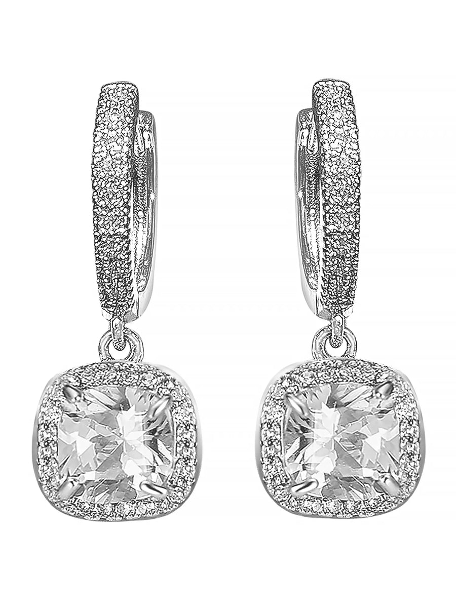 Silver Square CZ Halo Drop Hoop Earrings
