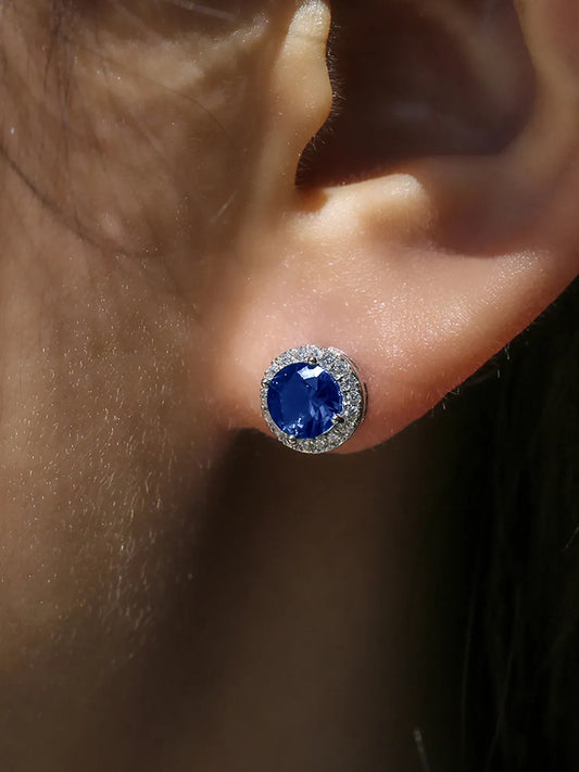 Glamorous Sapphire Halo Stud Earrings - Blue