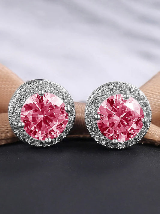 Glamorous Sapphire Halo Stud Earrings - Silver Rani Pink