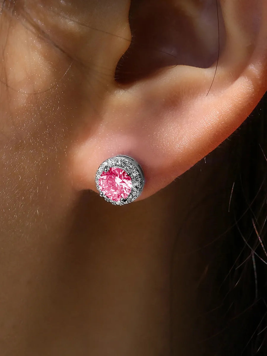 Glamorous Sapphire Halo Stud Earrings - Silver Rani Pink