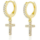 Cross Design CZ Studded Hoop Earrings - Gold