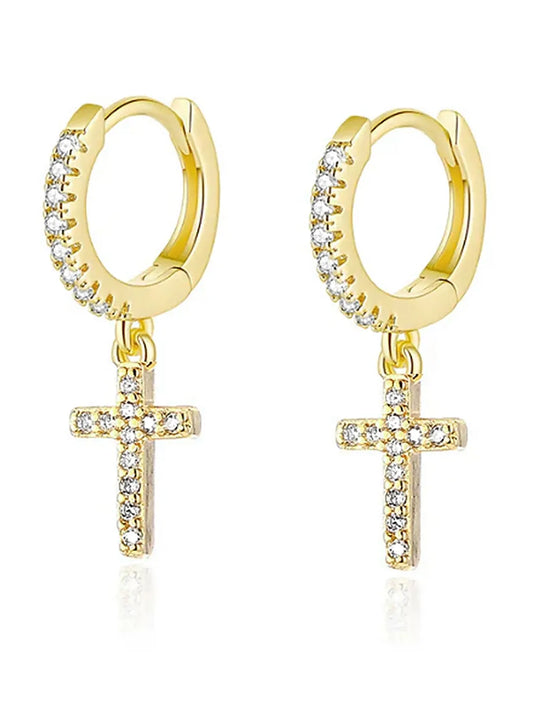 Cross Design CZ Studded Hoop Earrings - Gold