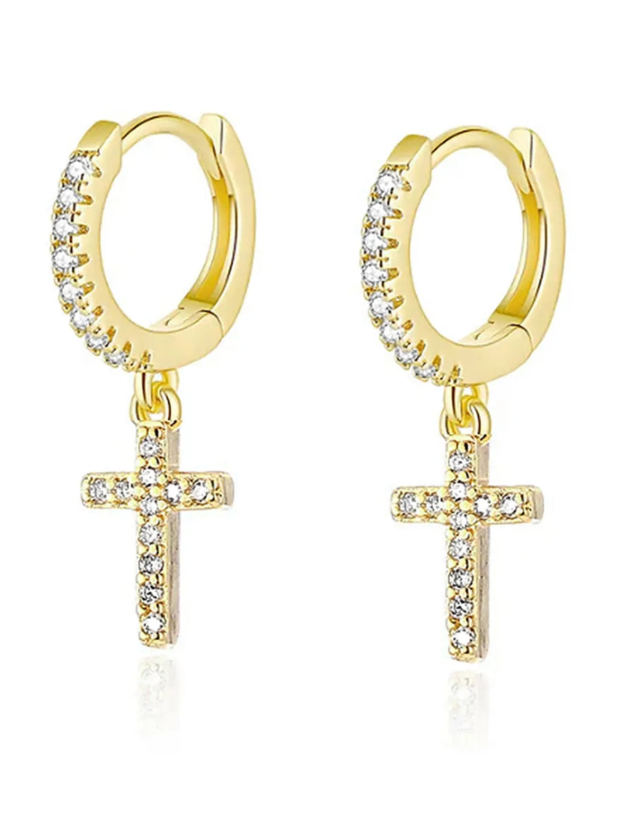 Cross Design CZ Studded Hoop Earrings - Gold