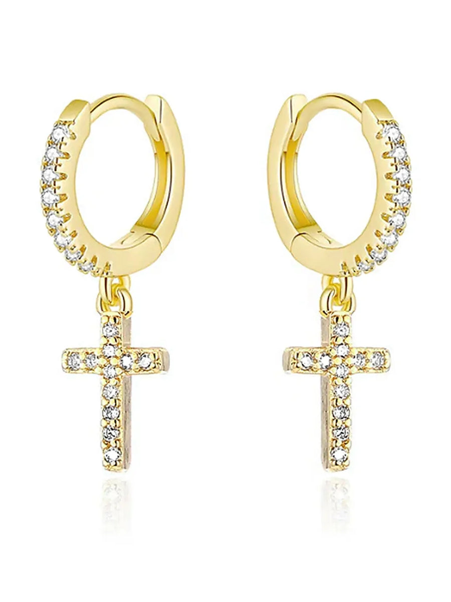 Cross Design CZ Studded Hoop Earrings - Gold