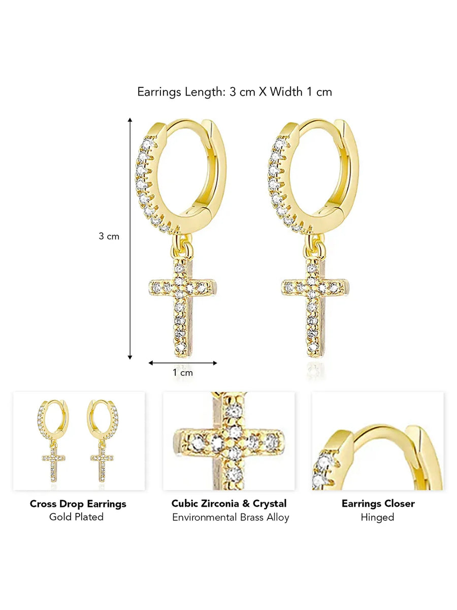 Cross Design CZ Studded Hoop Earrings - Gold