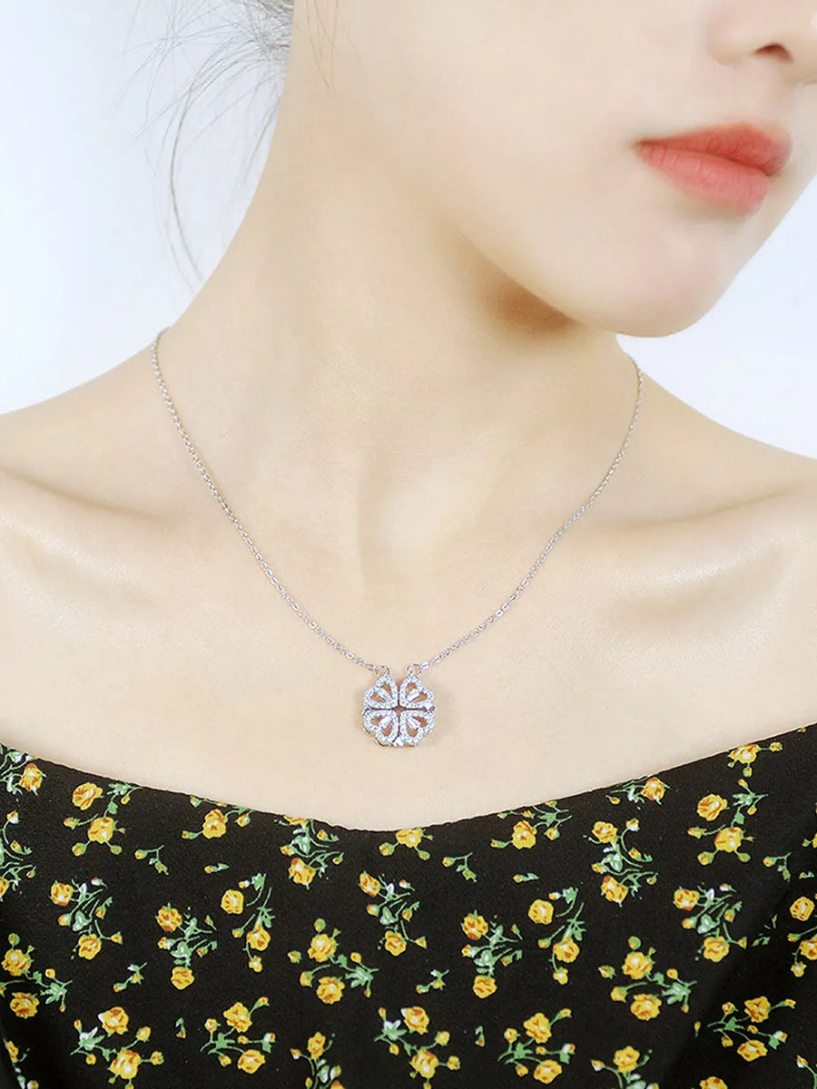 4 Heart Magnetic Clover Silver Necklace