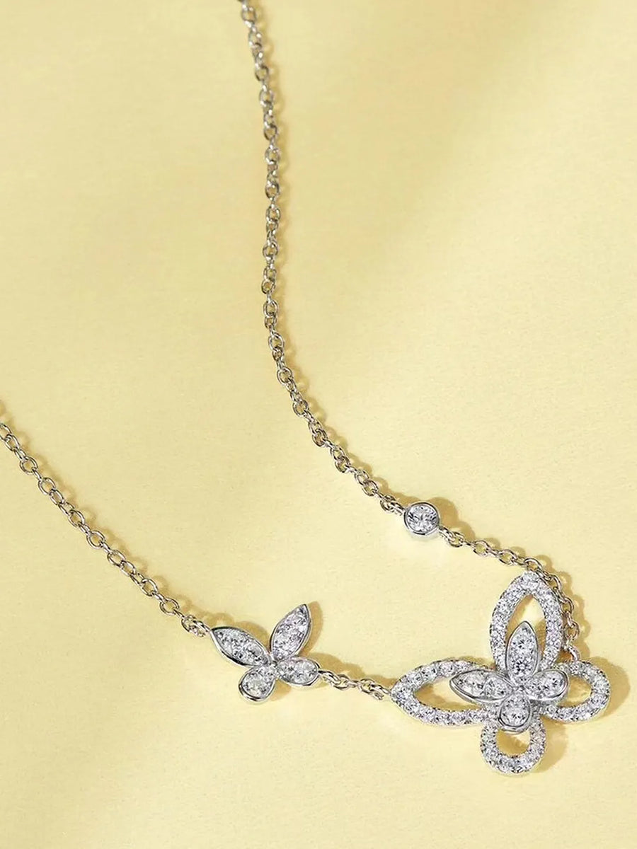 Dual Butterfly CZ Engraved Pendant Necklace