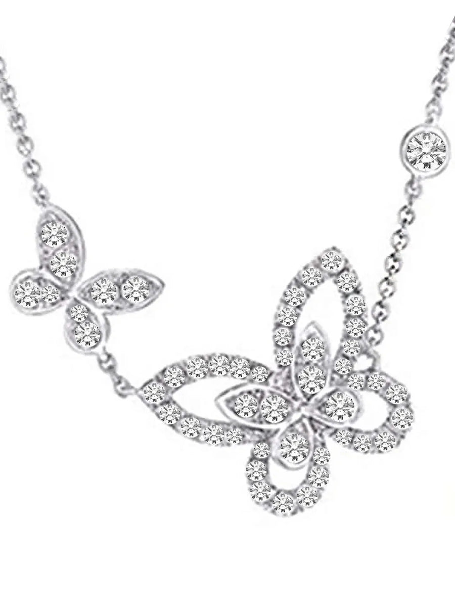 Dual Butterfly CZ Engraved Pendant Necklace