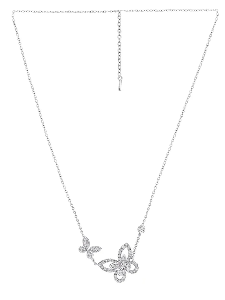 Dual Butterfly CZ Engraved Pendant Necklace