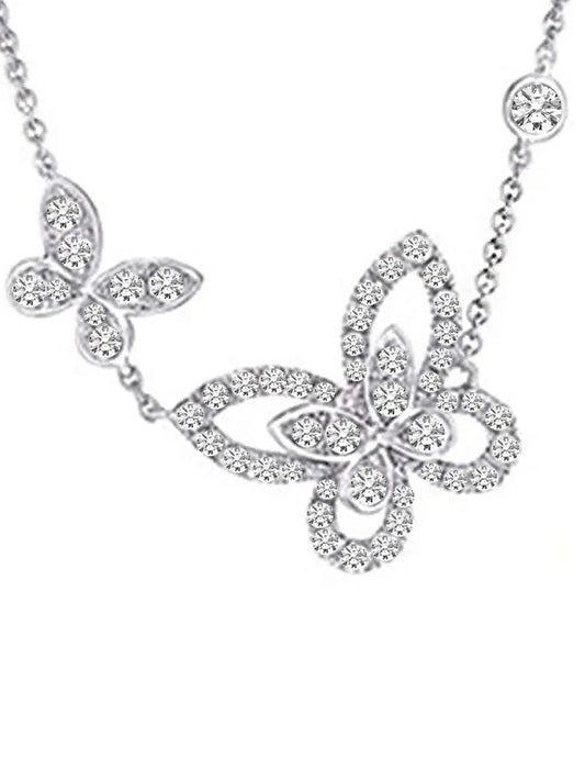 Dual Butterfly CZ Engraved Pendant Necklace