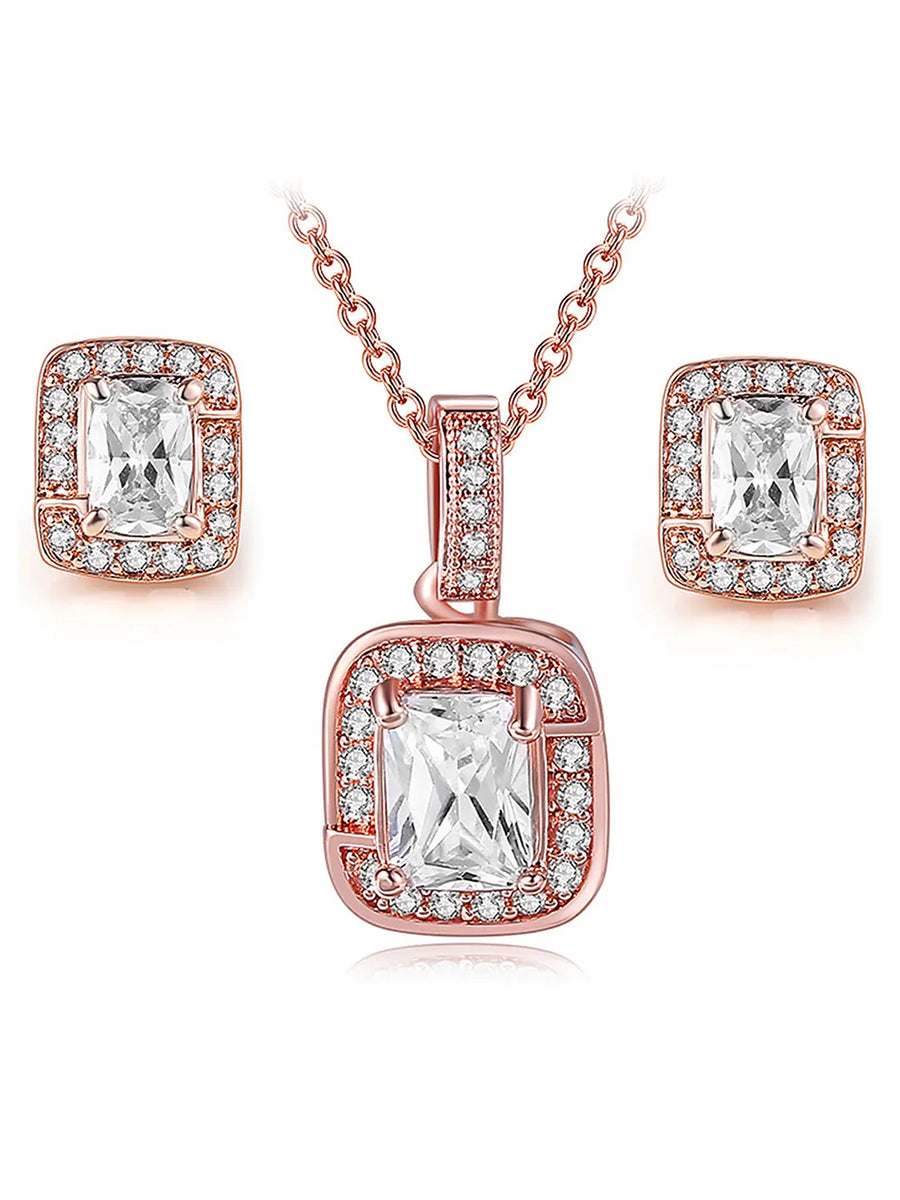 Square Halo Delicate CZ Rose Gold Pendant Set