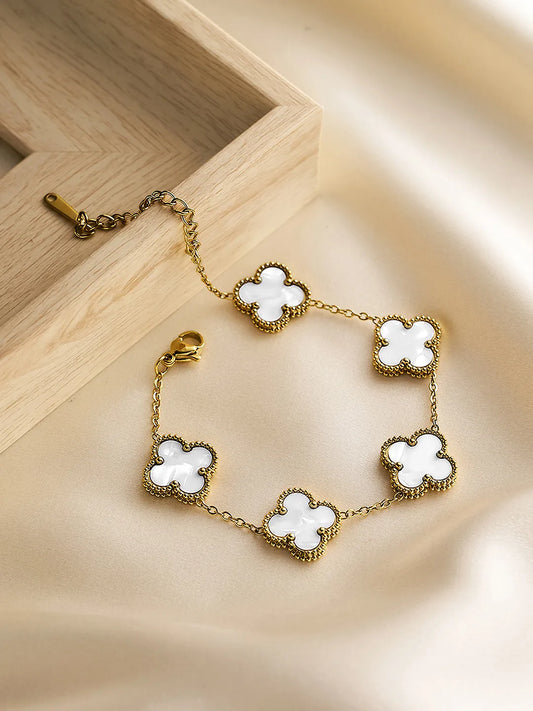 Gilded Clover Luck Charm Bracelet - Gold-White