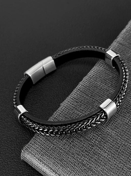 Elegant Weave Leather and Metal Cuff