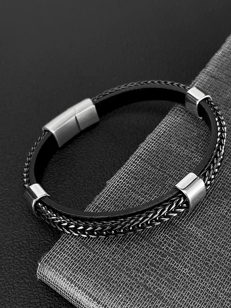 Elegant Weave Leather and Metal Cuff