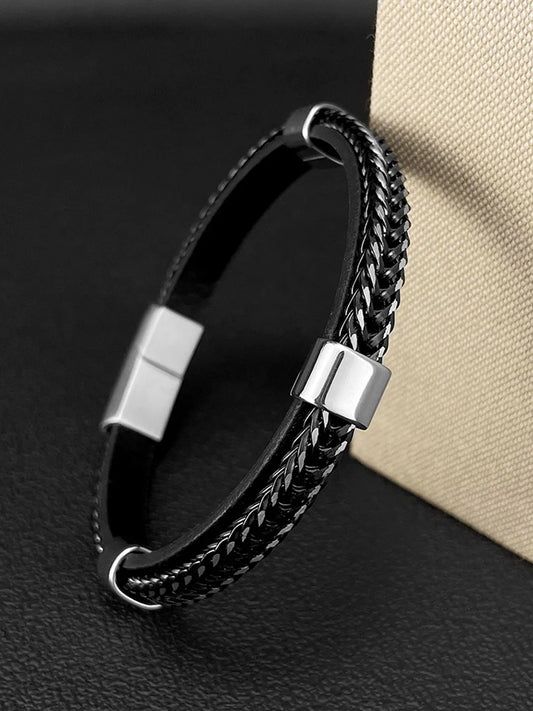 Elegant Weave Leather and Metal Cuff
