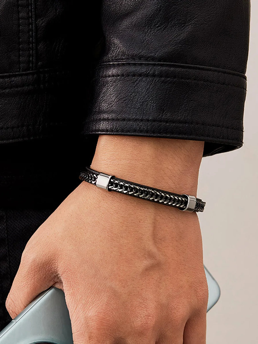 Elegant Weave Leather and Metal Cuff