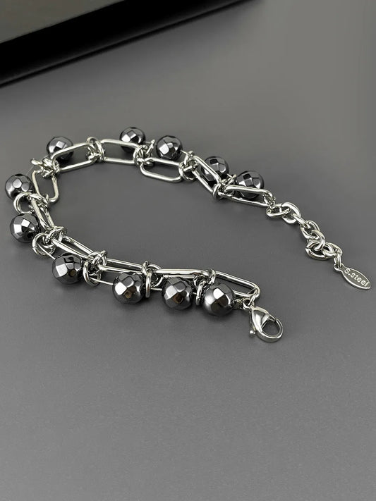 Hematite Beaded Charm Chain Bracelet
