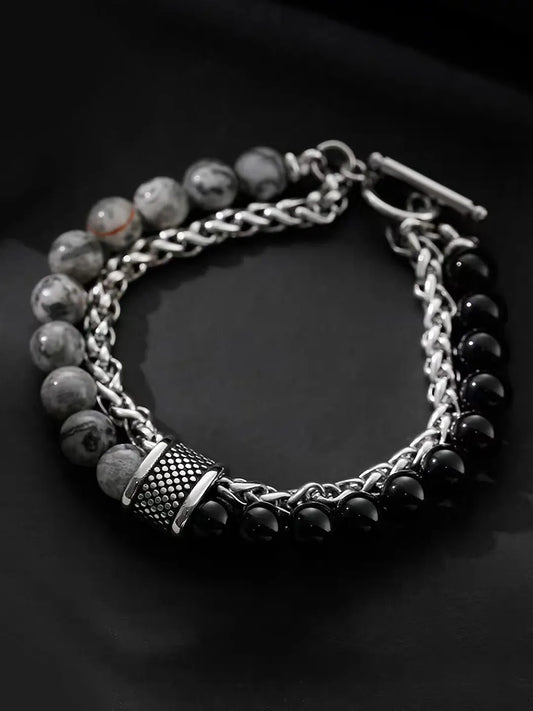 Textured Elegance Stone & Chain Bracelet