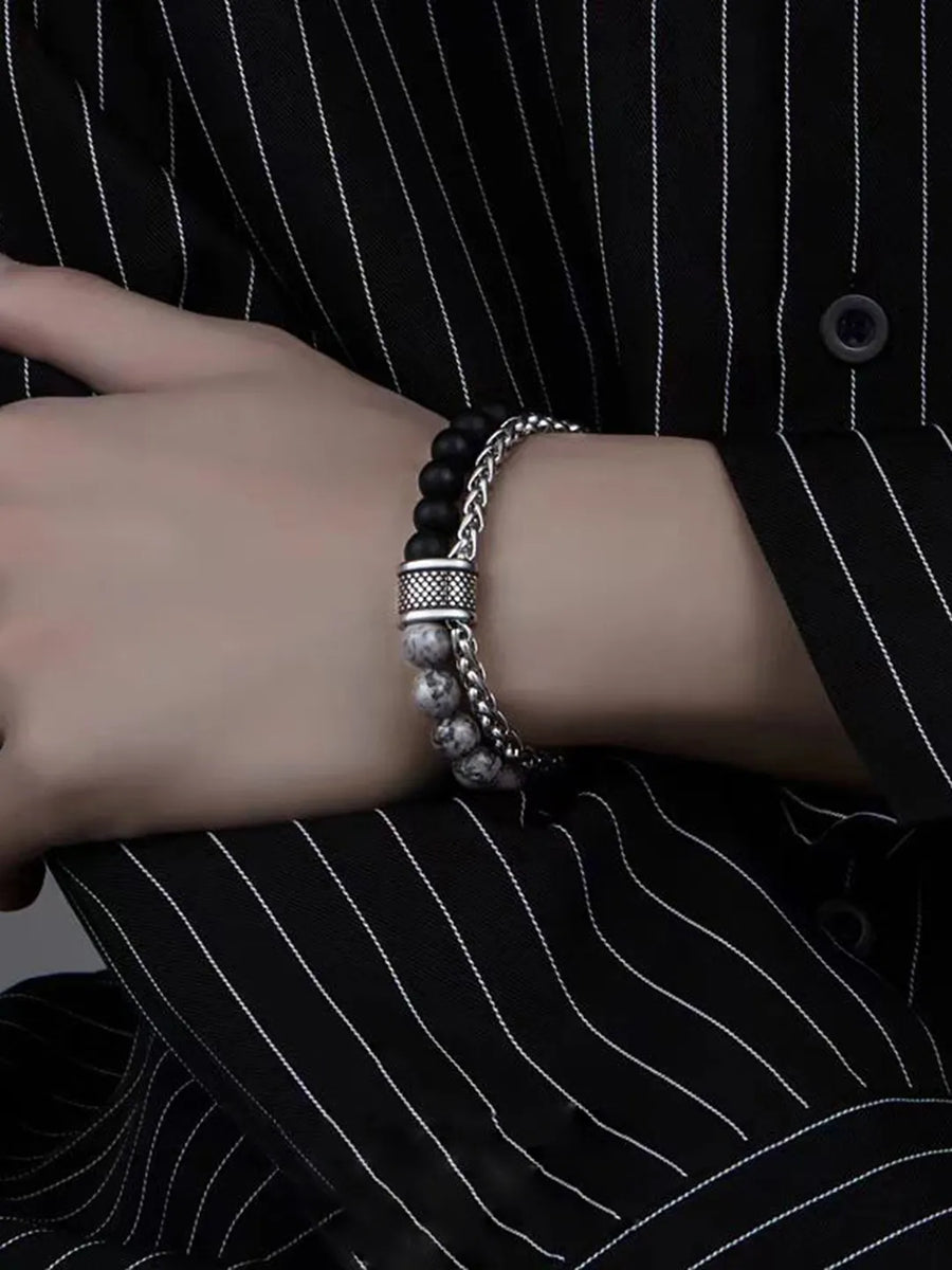 Textured Elegance Stone & Chain Bracelet