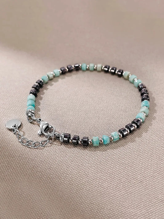 Peora Silver Mint Green Beaded Bracelet