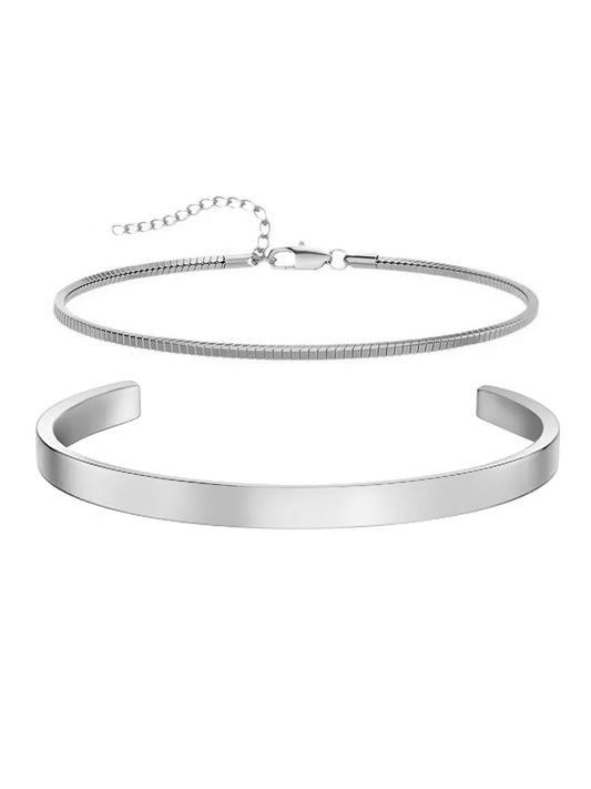 Minimal Silver Cuff & Chain Bracelet Combo