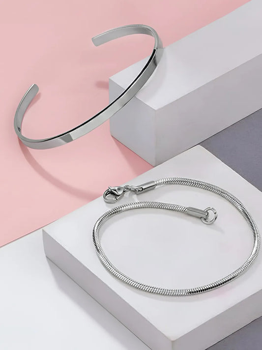 Minimal Silver Cuff & Chain Bracelet Combo