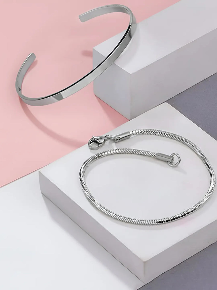 Minimal Silver Cuff & Chain Bracelet Combo