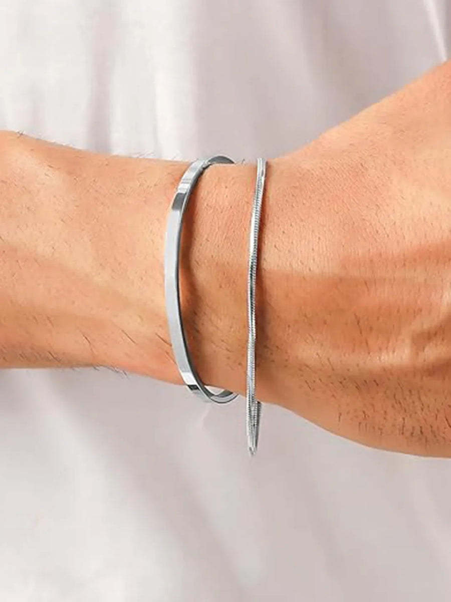 Minimal Silver Cuff & Chain Bracelet Combo