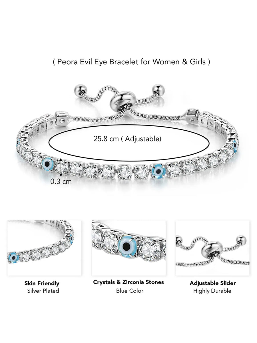 Peora Silver Tennis Nazar Charm Bracelet