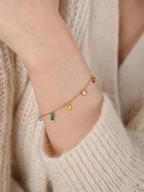 Peora Dainty Gold Rainbow Gem Charm Bracelet