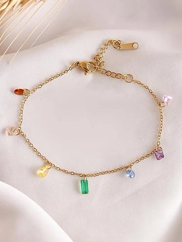 Peora Dainty Gold Rainbow Gem Charm Bracelet