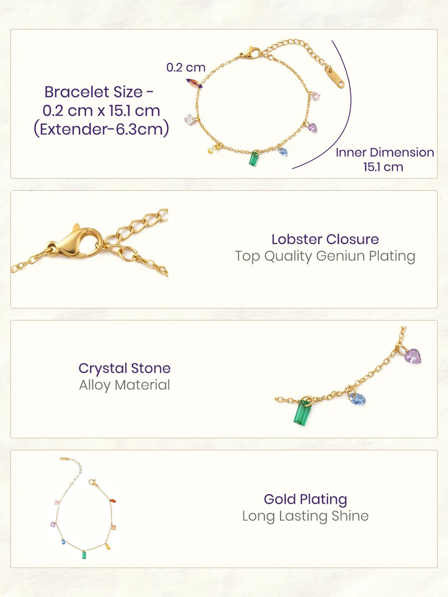 Peora Dainty Gold Rainbow Gem Charm Bracelet