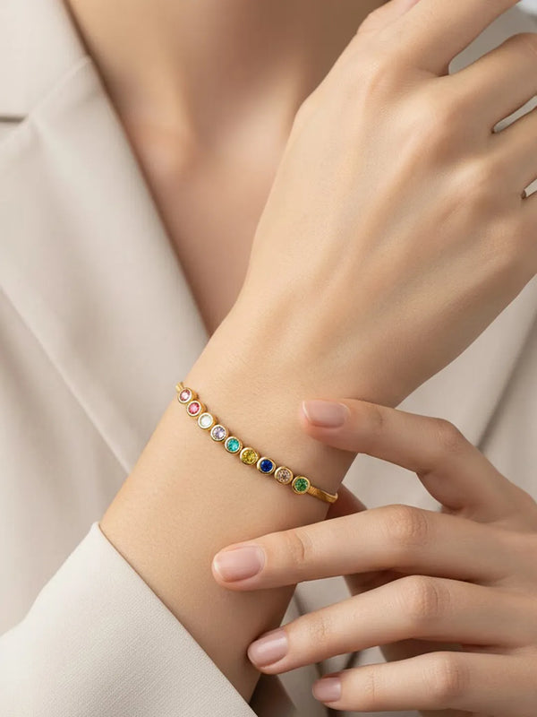 Peora Vibrant Rainbow Row CZ Gold Bracelet