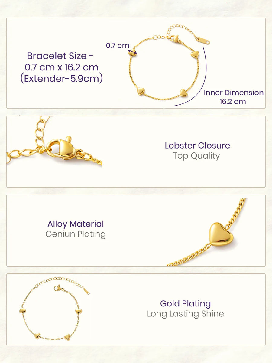 Peora Minimalist Gold Heart Charm Bracelet