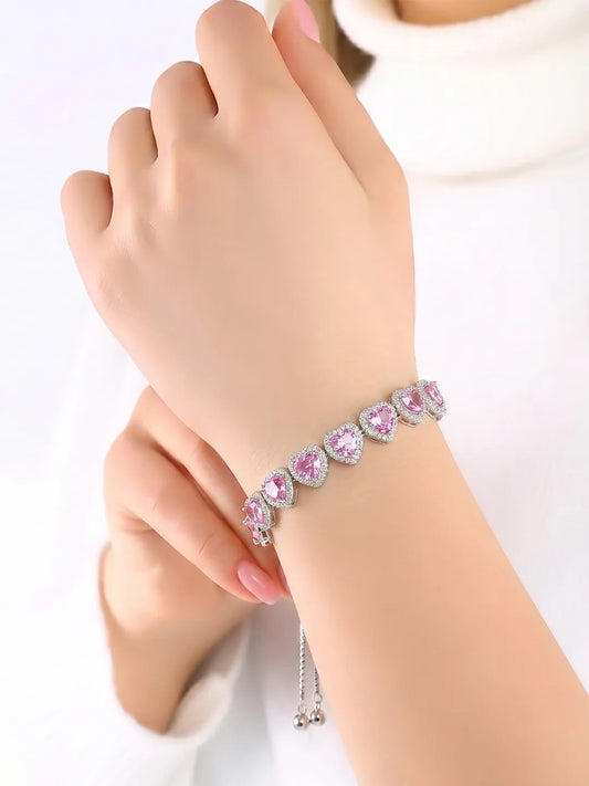 Peora Crystal Heart Pink Bracelet - Silver