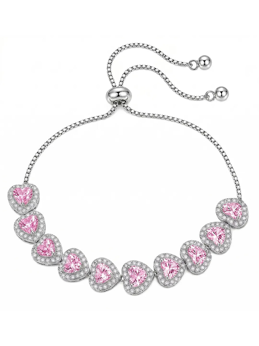 Peora Crystal Heart Pink Bracelet - Silver