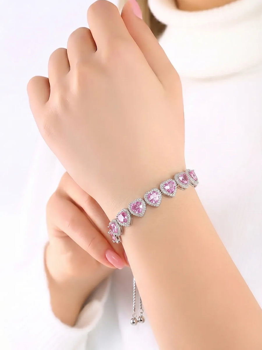 Peora Crystal Heart Pink Bracelet - Silver