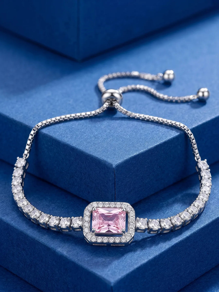 Peora Pink Emerald Cut Bracelet - Silver