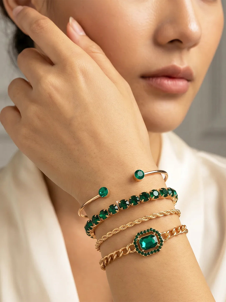 Peora Emerald Green Layered Bracelet Set - Gold