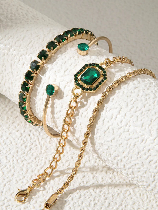 Peora Emerald Green Layered Bracelet Set - Gold